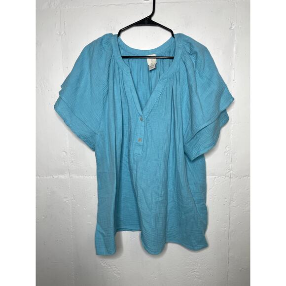 Joie Women’s 1X Teal Gauzy Crinkle Henley Layered Sleeve Tunic Top Shirt Blouse - Picture 1 of 7